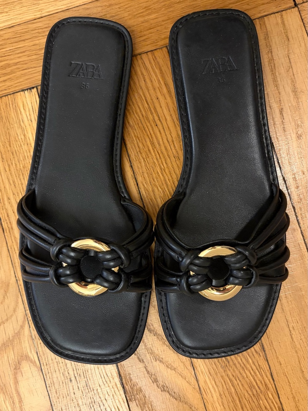 Zara Black Slide Sandals with Gold Ring Detail
